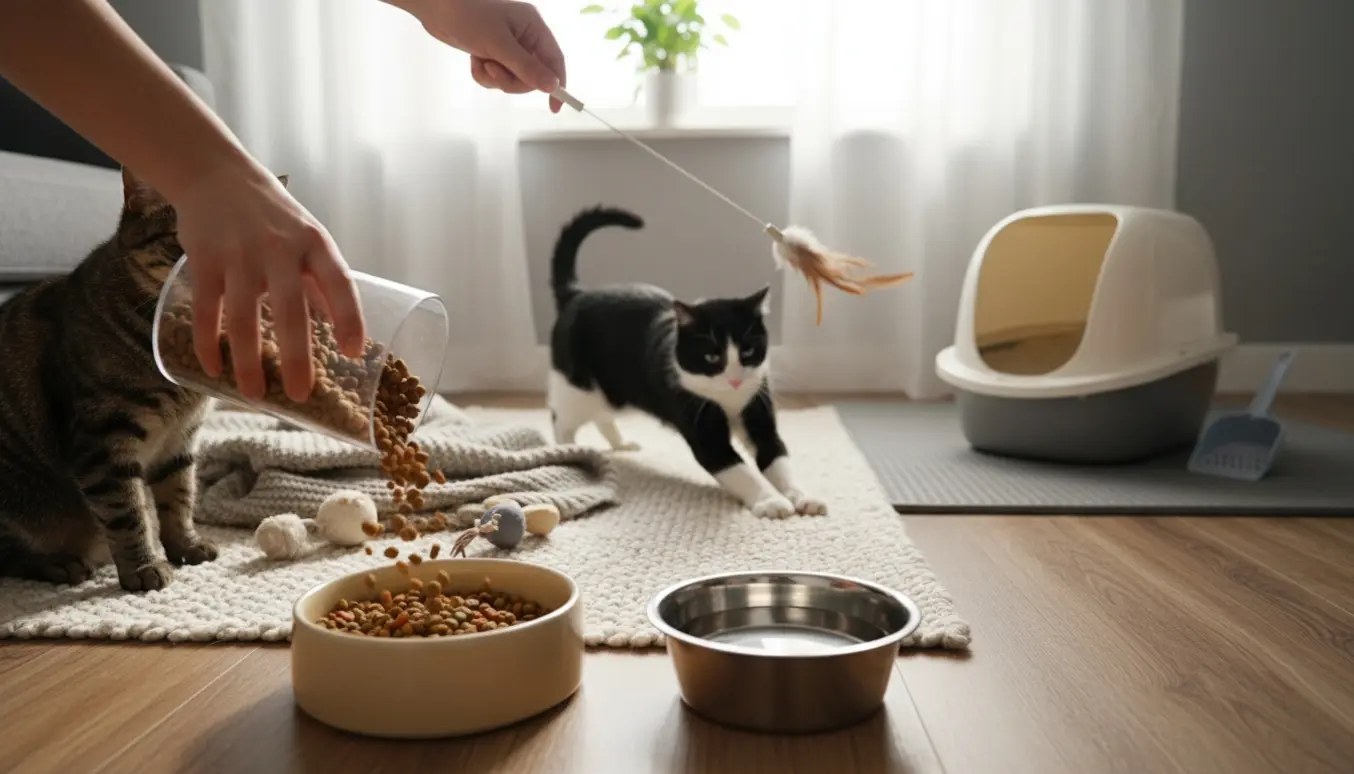 To katte bliver passet hjemme: én får mad, den anden leger med en fjertov, hænderne til en pasningsperson er synlige.