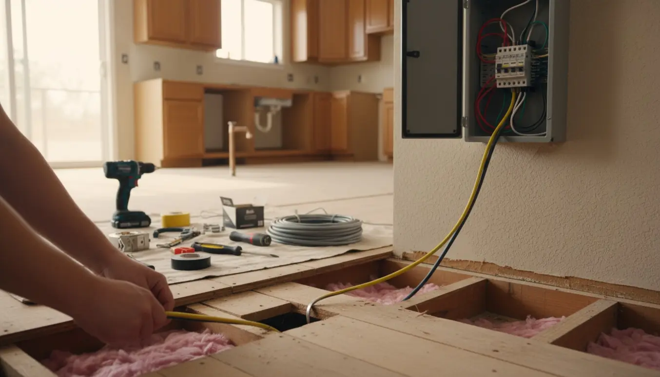 Hænder trækker nyt installationskabel under løftede trægulvbrædder i et køkken under renovering.