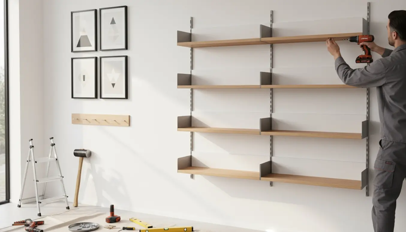 Montering af tresektioners væghyldesystem med knagerække og fire rammer, værktøj og rawlplugs i forgrunden.