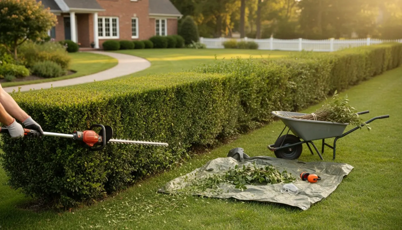 Handskenklædt hånd klipper en høj, velplejet hæk i en solrig villahave med friske afskårne blade samlet på en presenning.