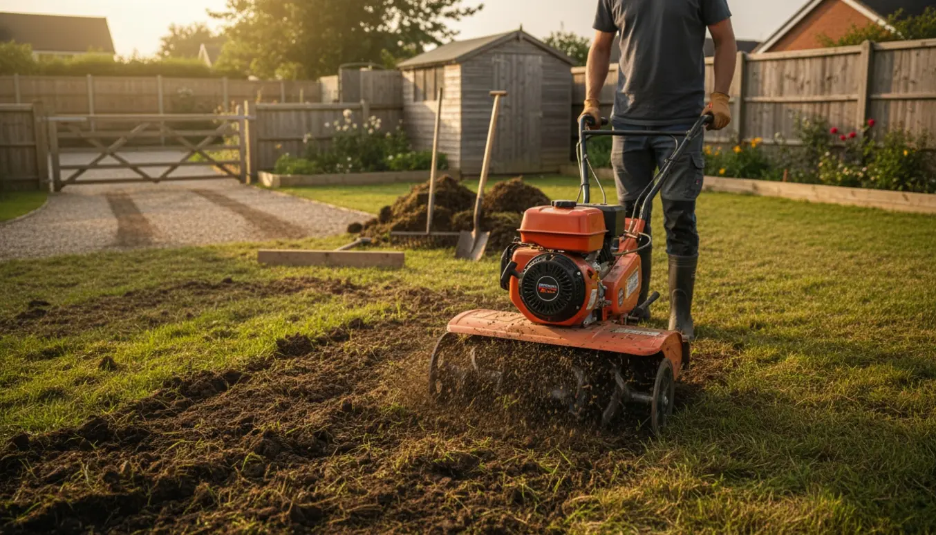 Stor baghave fræset med en fræser, opbrudt jord og bunker af fjernet græs.