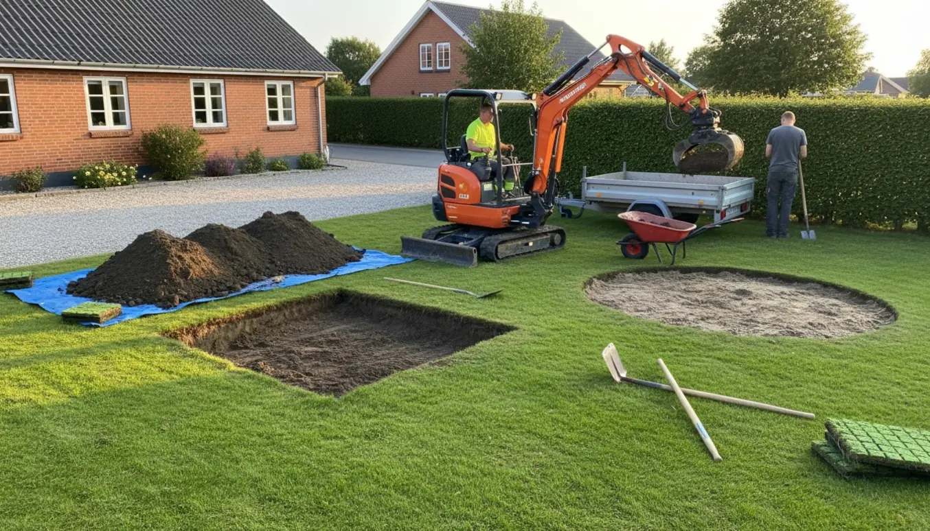 Mini gravemaskine graver et rektangulært hul til en ny trampolin med jordbunke og grabarm, set i en villa-have.