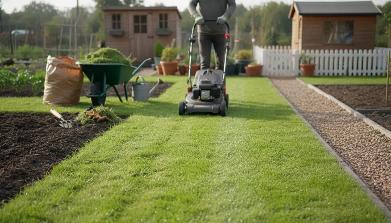 Plæneklipper laver en nyslået stribe i en våd kolonihave med trillebør og haveværktøj klar ved siden af.