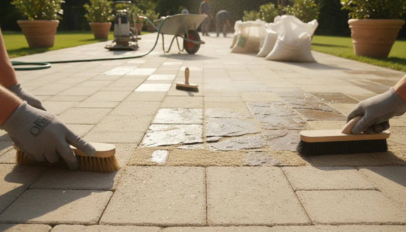 Nærbillede af hænder, der fejer sand ned i fugerne mellem fliser på en stor terrasse.