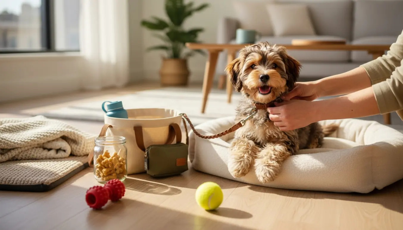 En lille hundehvalp på et blødt hundetæppe, mens en hundepasser fæstner snoren med synlige hænder.