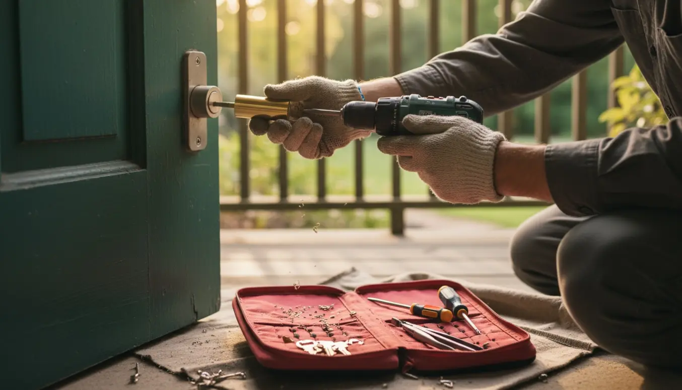 Låsesmed udskifter en dørlås med nyt låsecylinder og værktøj ved en boligdør.