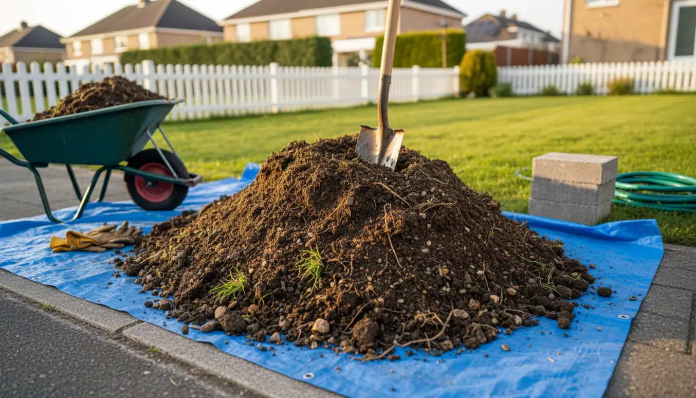 Stor bunke nyudgravet havejord på blå presenning ved kantsten med skovl og trillebør i baggrunden.