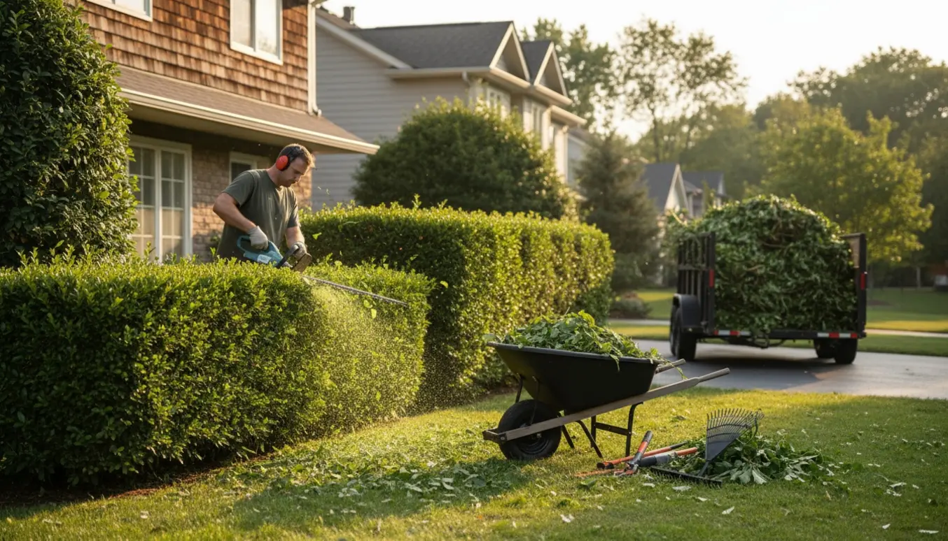 Hækbeskæring på hjørnegrund med trillebør og trailer fyldt med afklip.