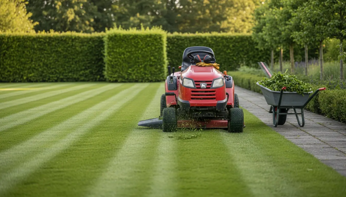 Græsslåmaskine skaber stribede plænemønstre foran en nyklippet bøgehæk i en solrig sommerhave.