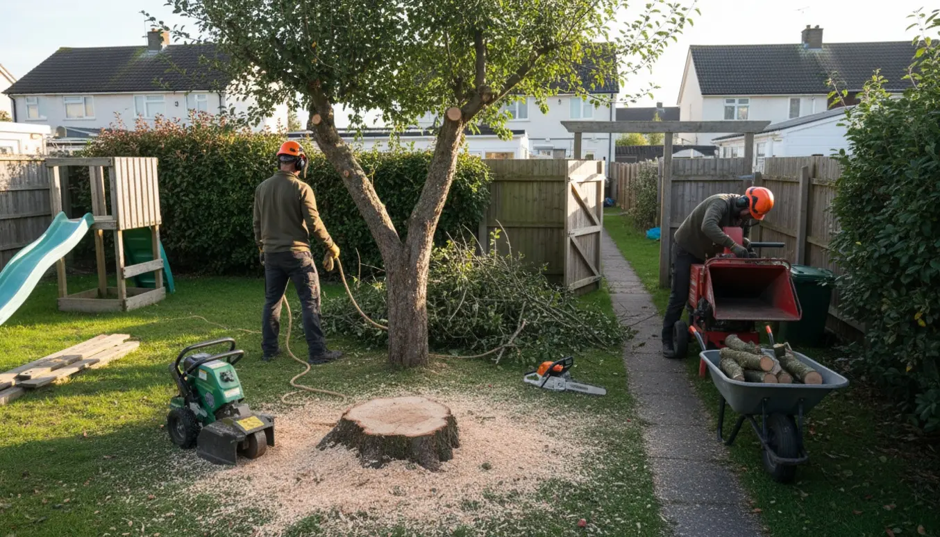 En småhave med en fældet æbletræstamme og en stubfræser ved en smal indgang.