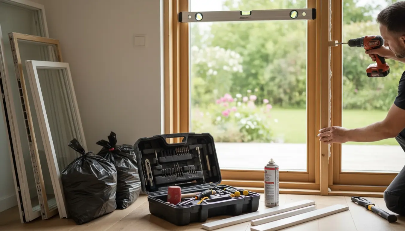 Håndværker monterer en ny terassedør med vaterpas, fugepistol og værktøj i naturligt dagslys.
