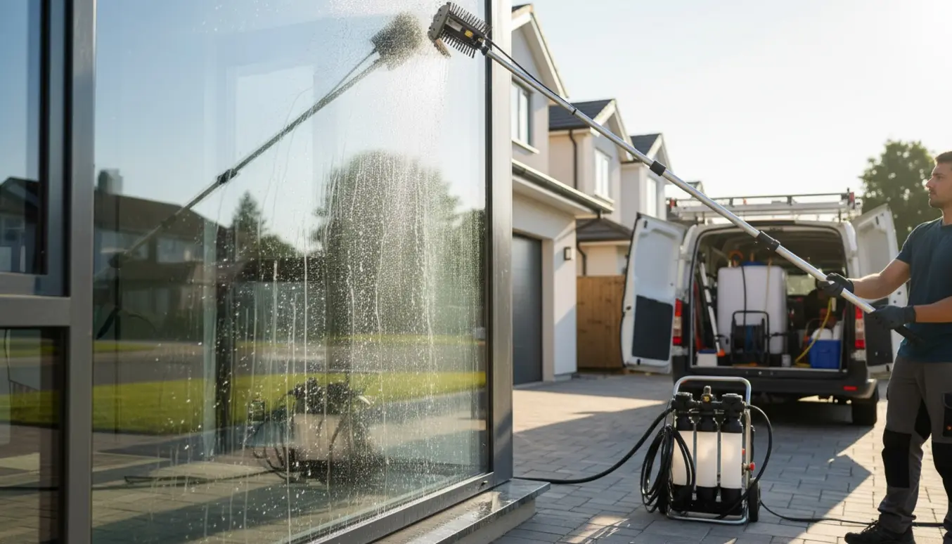 Vinduespudser renser udvendige ruder med en teleskopisk vandpol og bærbart vandanlæg foran en moderne villa.