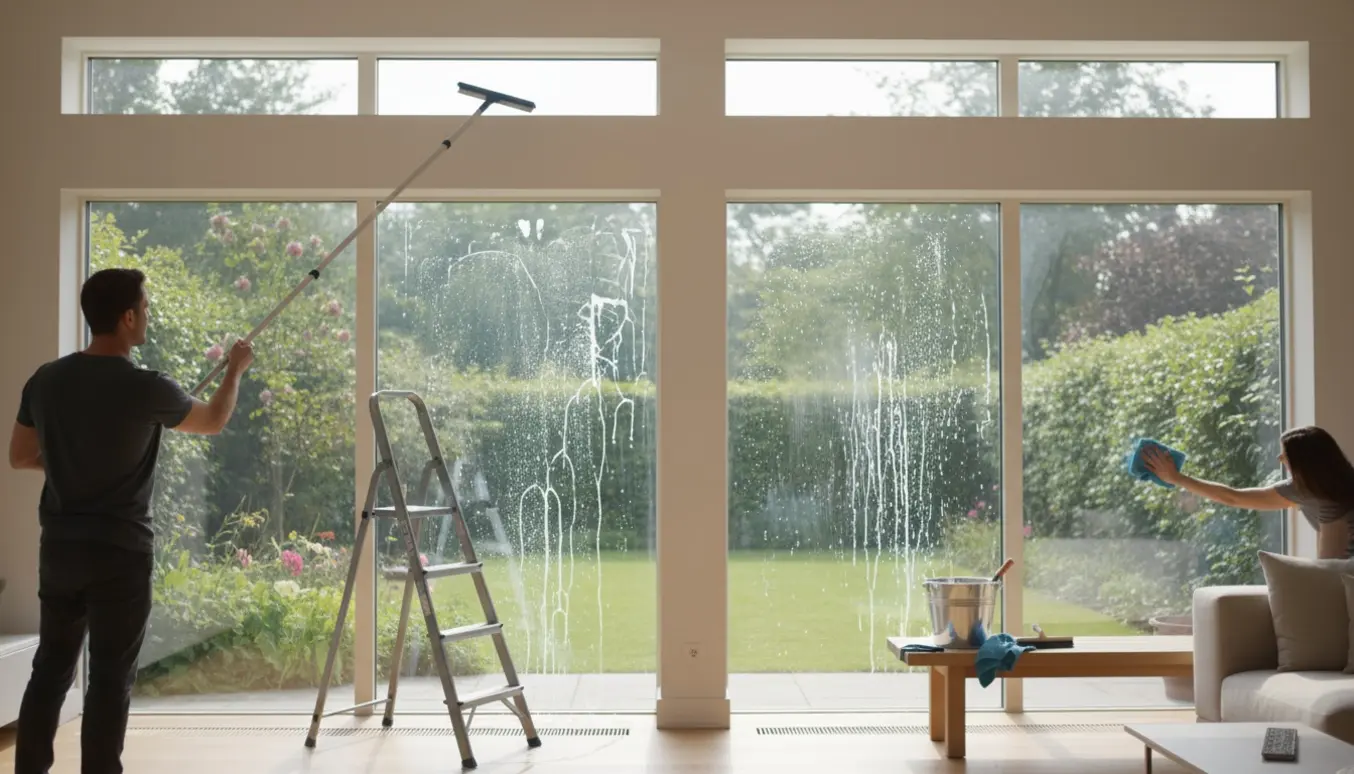 Person pudser store gulv-til-loft-vinduer med teleskopsuger og spand med sæbe, skylights ses øverst.