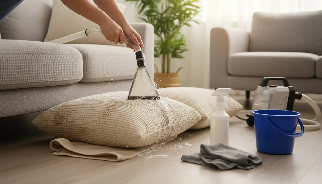 To sofapuder renses med en bærbar møbel-/tæpperenser, mens en hånd bruger en hånddyse til at suge sæbevand ud.