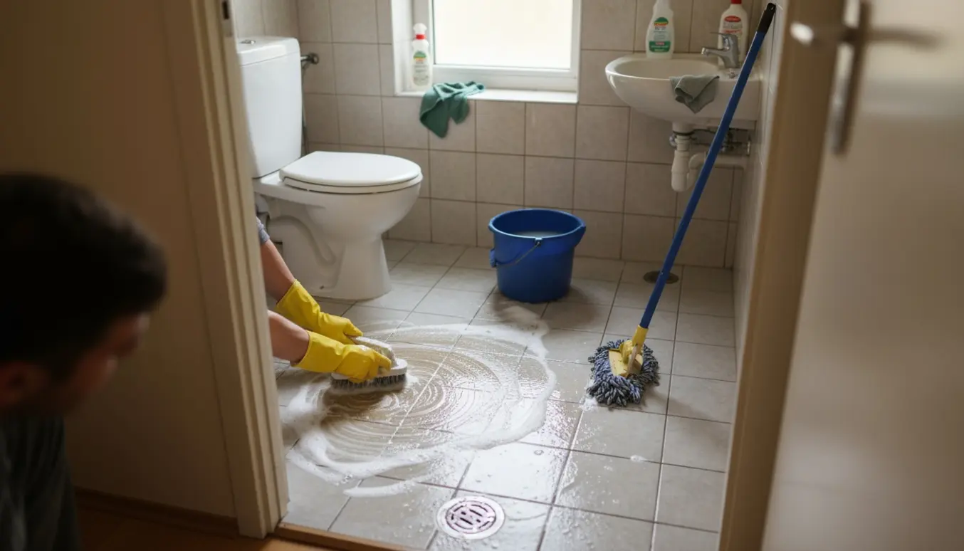 Nærbillede af grundig gulvrengøring i et lille personaletoilet, hvor en person i gummihandsker skrubber fliserne.