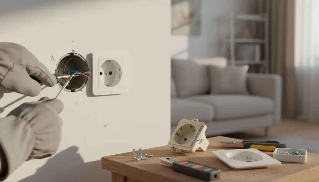 Hænder i isolerede handsker monterer en ny stikdåse i en væg med skruetrækker og værktøj ved siden af.