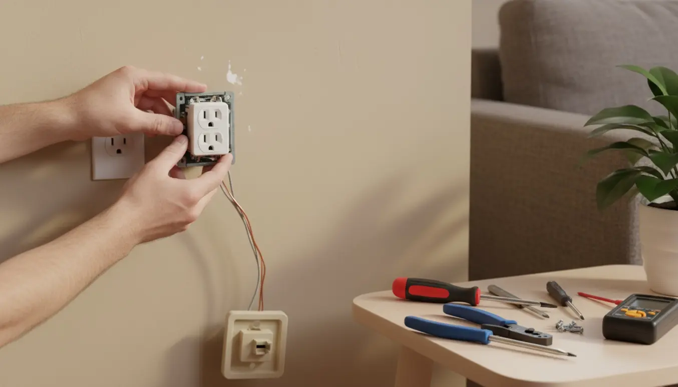 Hænder udskifter en gammel telefonstik med en ny hvid stikkontakt på en væg med værktøj ved siden af.