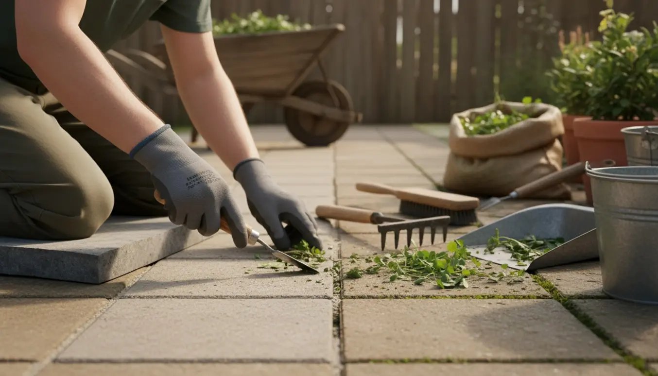 Hænder fjerner græs og ukrudt mellem belægningssten i en sollys have med haveredskaber i baggrunden.