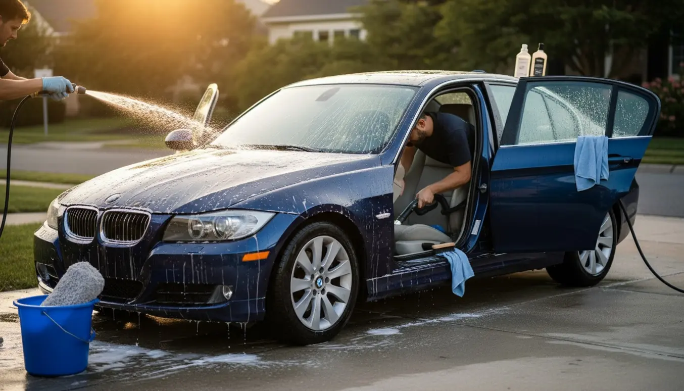 Bil i en indkørsel, hvor sæbe, svamp og støvsuger bruges til vask og indvendig rengøring.