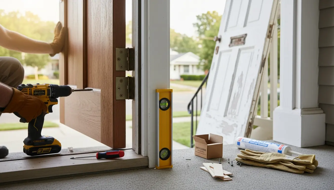 Nærbillede af montering af en ny hoveddør med hængsler, boremaskine og kiler i dørkarmen.