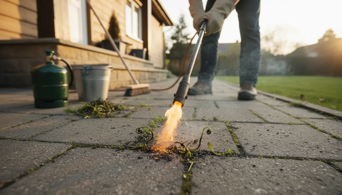 En hånd bruger en gasbrænder til at afbrænde ukrudt mellem fliserne på stien op til huset.