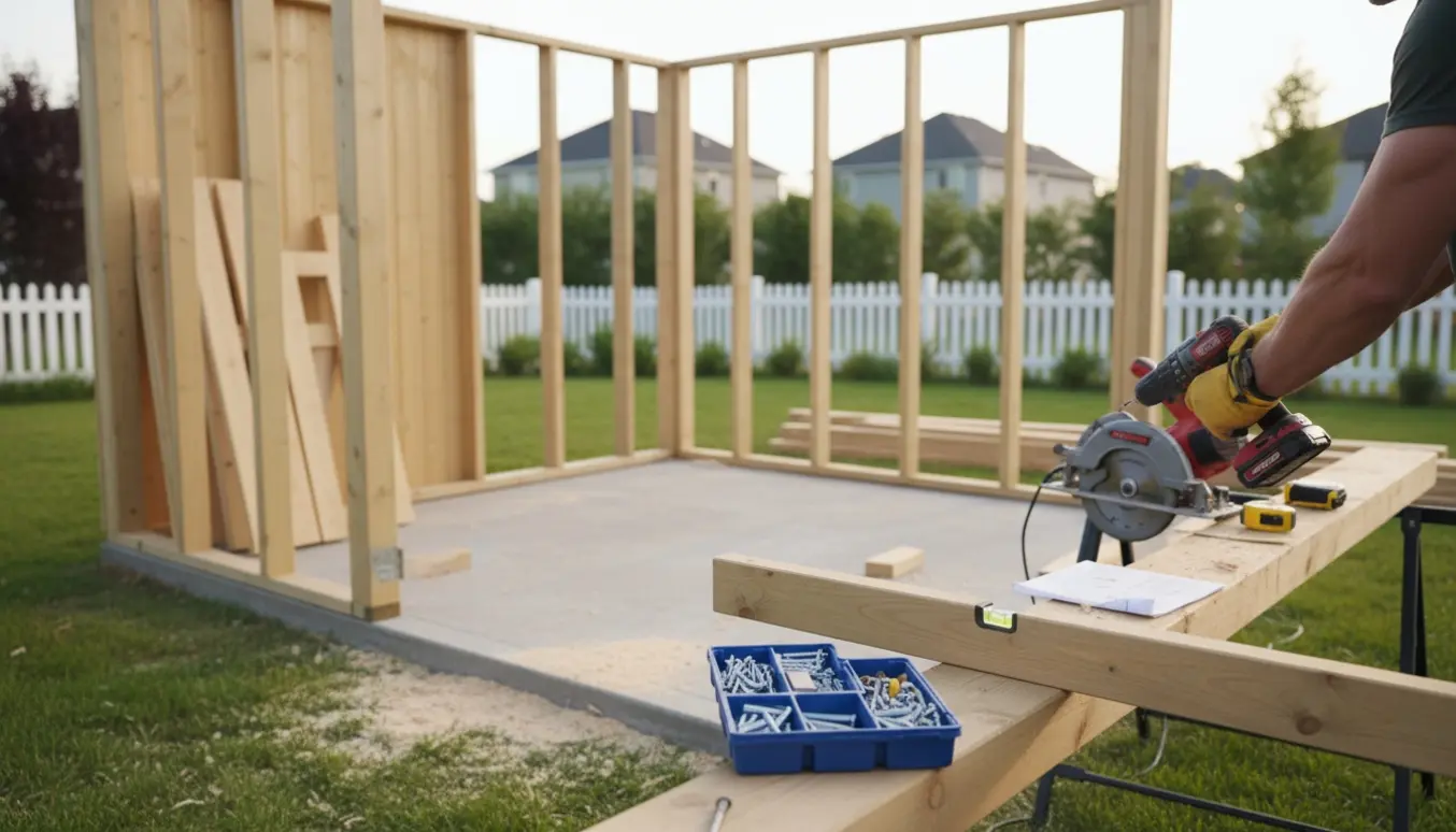 Delvist opført træredskabsskur i baghave, hvor hænder med boremaskine fæstner et vægpanel.