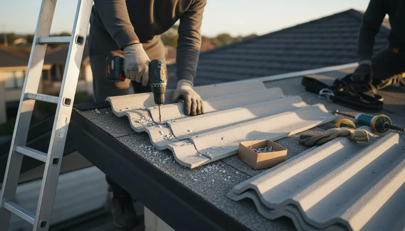 Hænder udskifter tre slidte bølgeeternit tagplader på et skrånende tag med stige og værktøj i baggrunden.