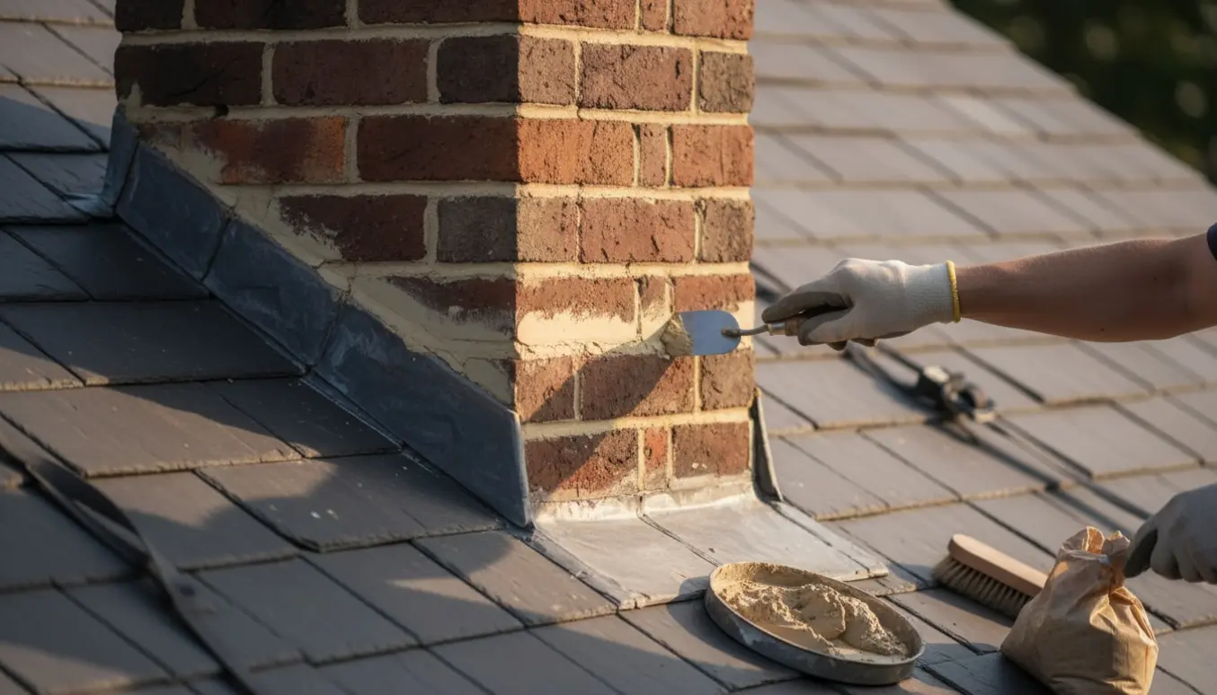 Nærbillede af en skorsten på taget, hvor nyt mørtel arbejdes ind i fugerne for at matche den eksisterende mur.