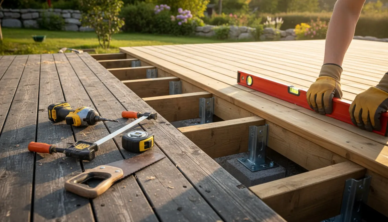 Renovering af terrasse med nye trykimprægnerede brædder, udskiftede bjælker og synlige stolpesko i varmt sollys.