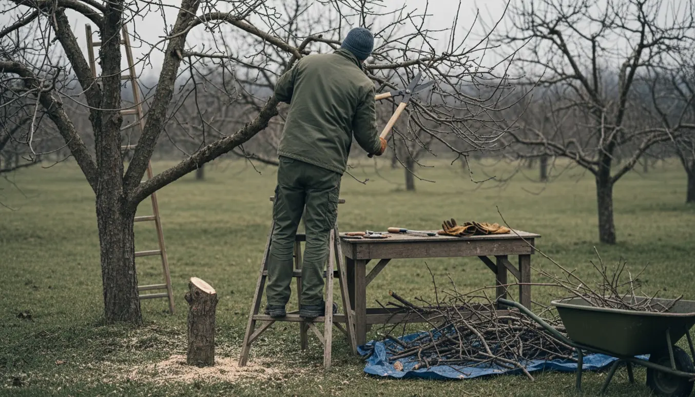 Person beskærer tre frugttræer i en lille have om vinteren med beskårne grene i en trillebør.