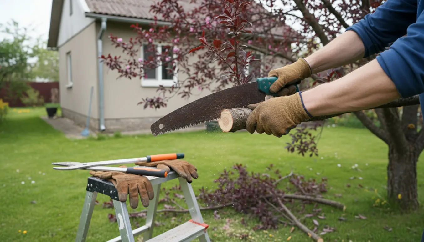 Beskæring af en blodplomme med en beskæringssav, hvor skårne grene ligger på græsset under husets udhæng.