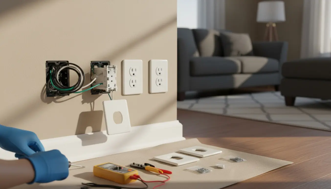 Nærbillede af udskiftning af tre hvide stikkontakter i en stue med værktøj og hænder uden synlige ansigter.