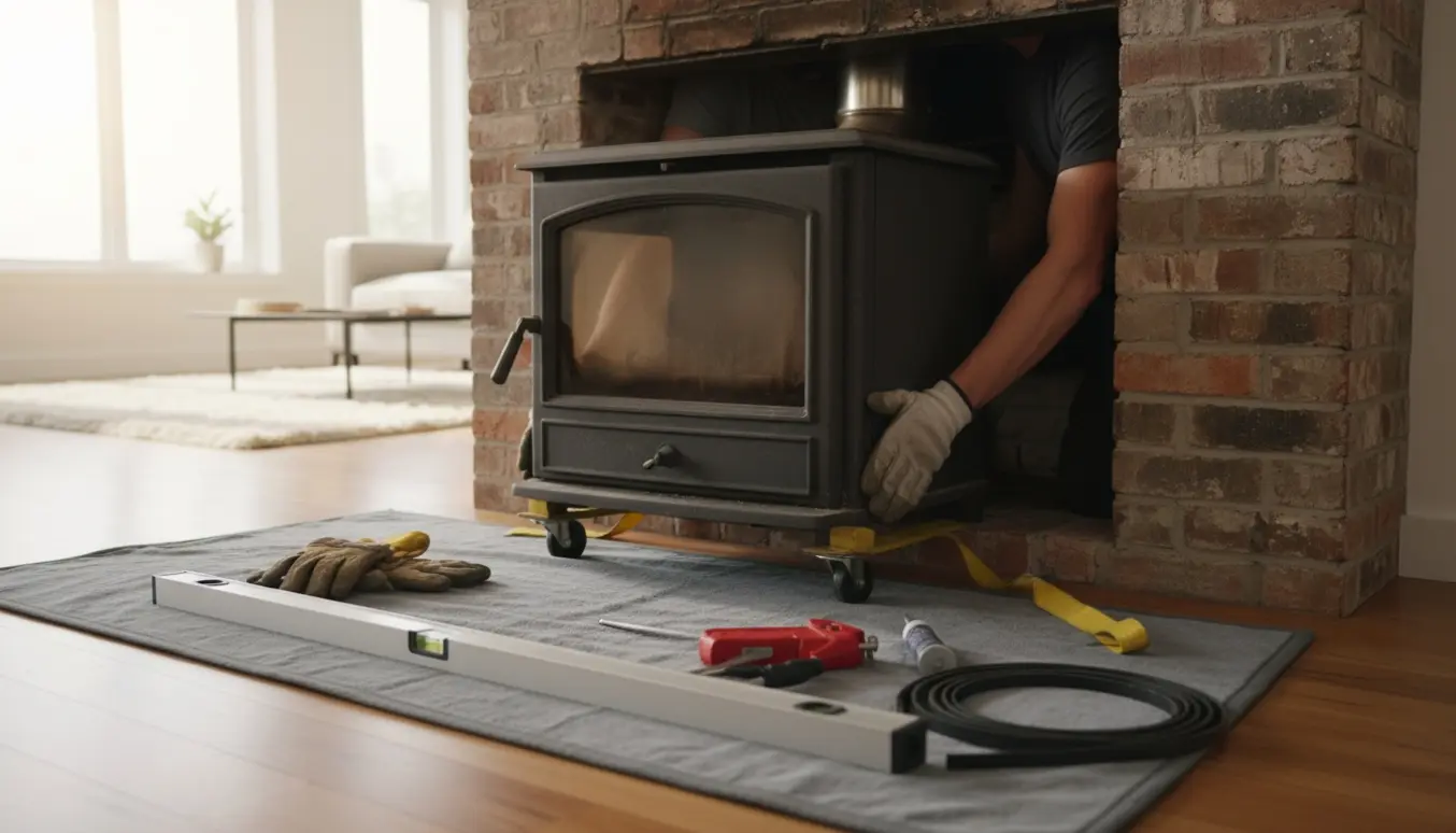 Brugt pejseindsats løftes ind i en eksisterende murstenspejs af to håndværkere, uden tydelige ansigter.