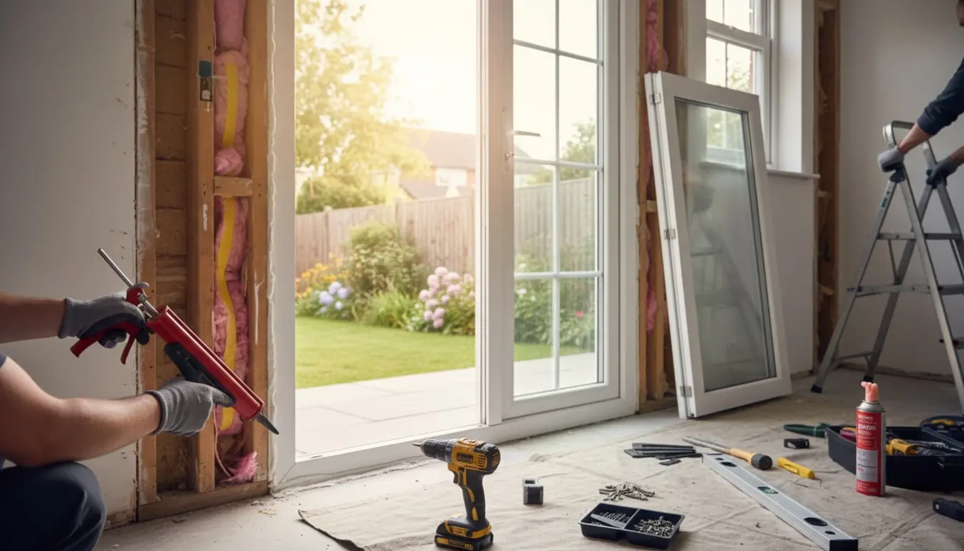 Hænder fuget tæt på en ny terrassedør og et vindue under udskiftning.