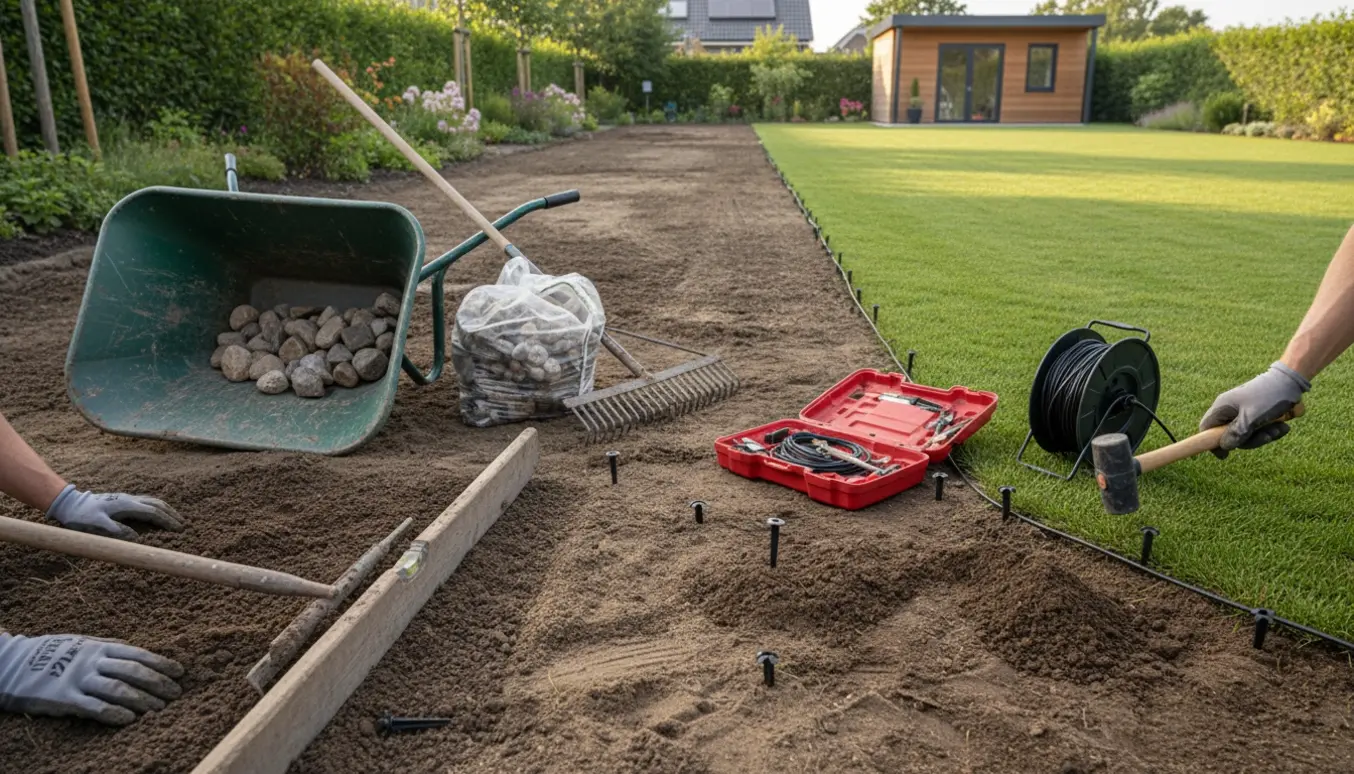Redskaber og hænder planerer en stor baghave, fjerner sten og nedlægger robotplæneklipperens kabel.