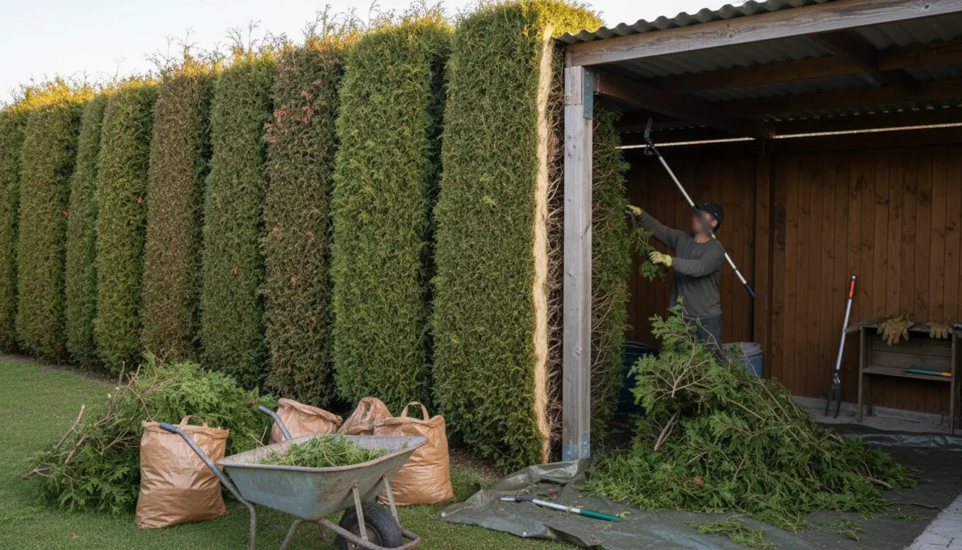 Person beskærer høje thuja-hække ved en carport med nyklippede grene og opsamlet haveaffald klar til bortskaffelse.