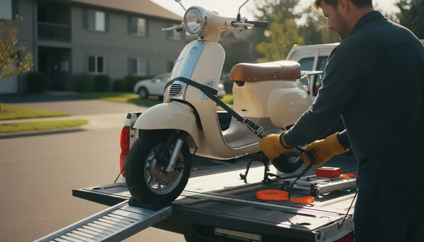 En scooter læsses og spændes fast på en varebil foran et boligområde i blødt eftermiddagslys.