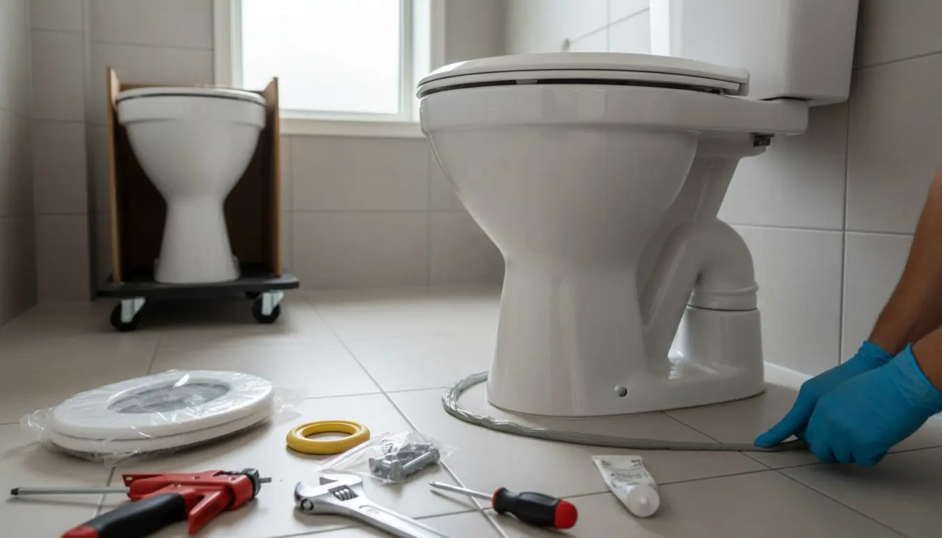 Nyinstalleret hvidt toilet med værktøj og frisk lysegrå fuge i et lyst badeværelse.