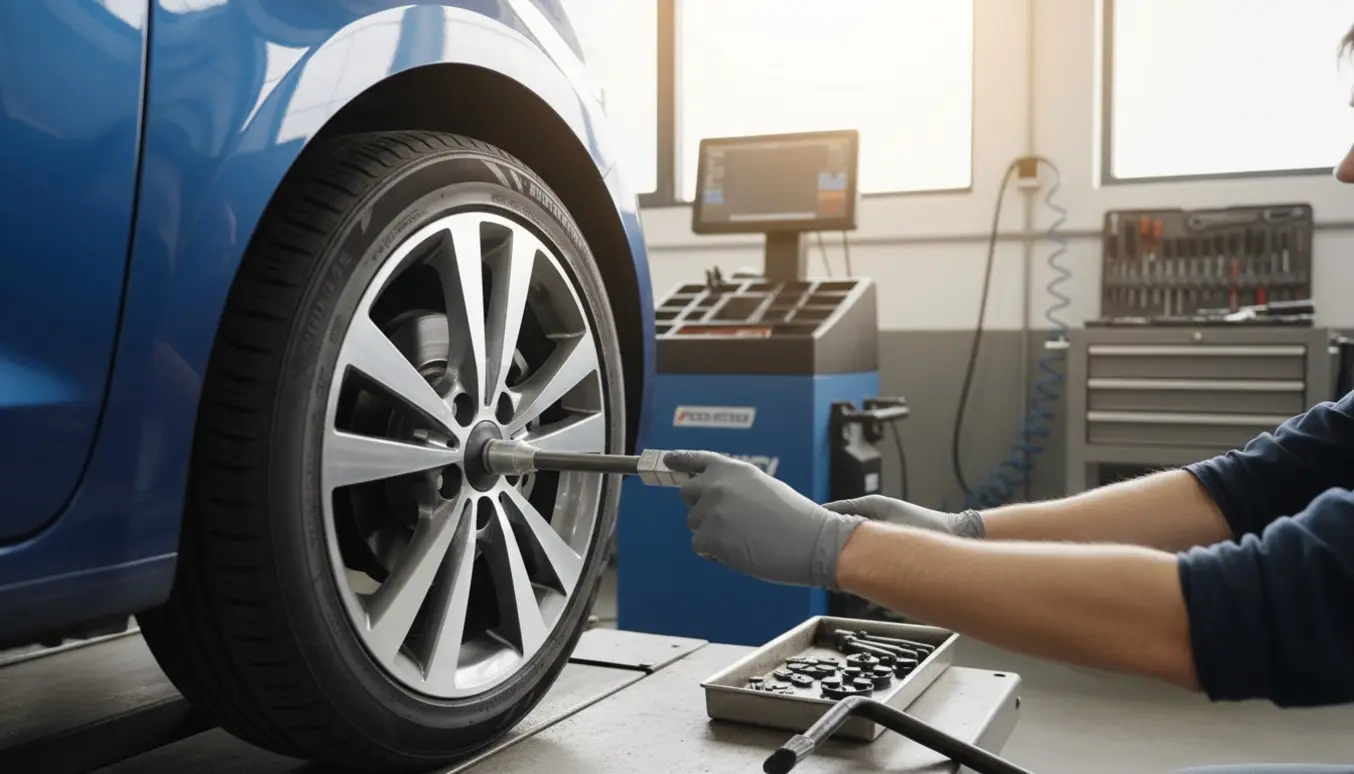 Nærbillede af et bilhjul på en afbalanceringsmaskine i et værksted, hvor en tekniker sætter vægte på hjulet.