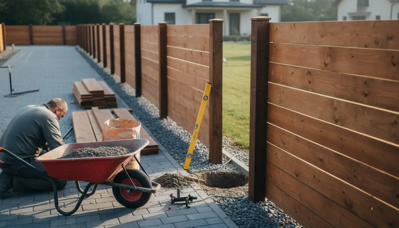Opsætning af panelhegn i en indkørsel med stolper klar til at blive støbt og en havelåge.