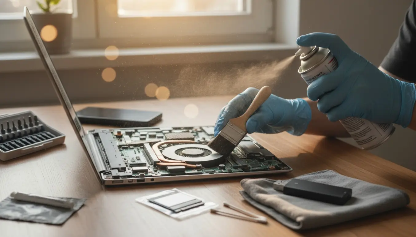 Åben bærbar computer renses for støv med trykluft og børste på et ryddeligt skrivebord.