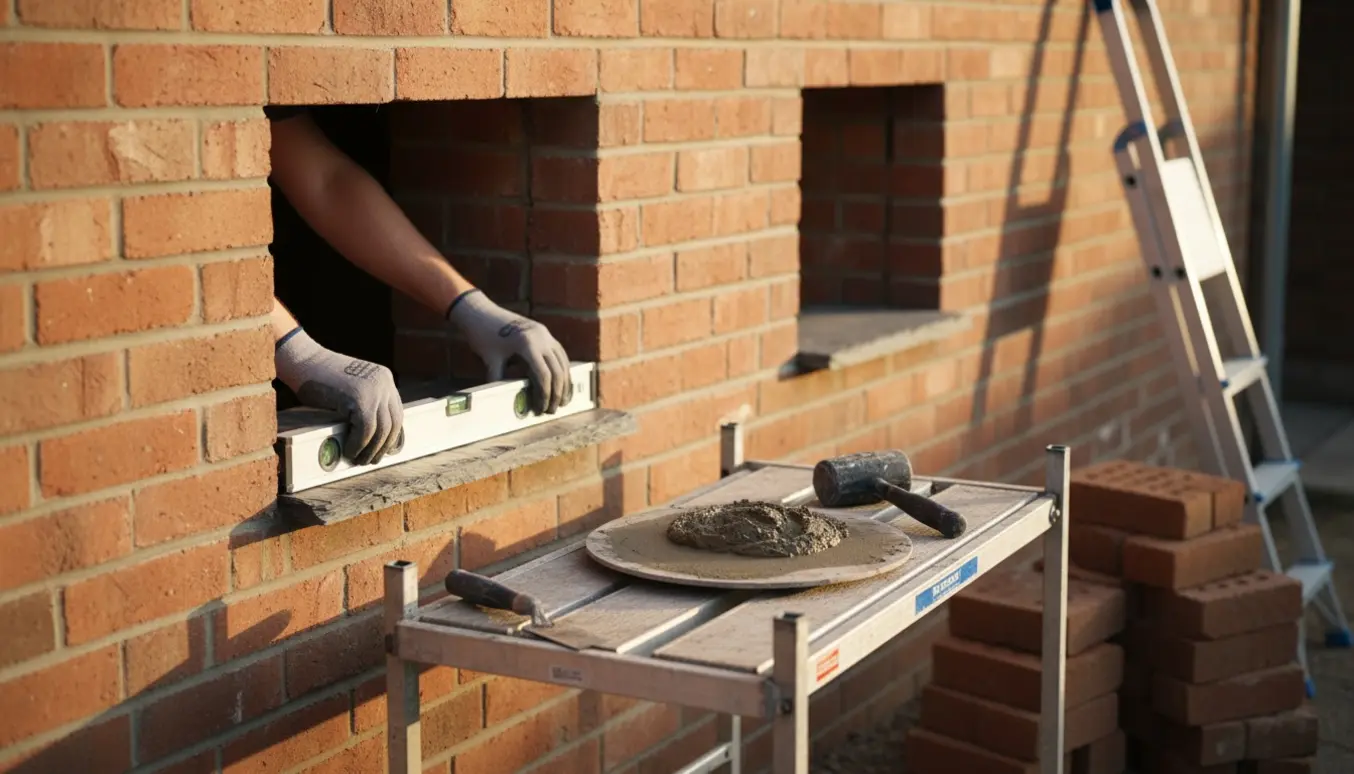 Hænder monterer en skifersålbænk og mursten ved to små udvendige vinduer.