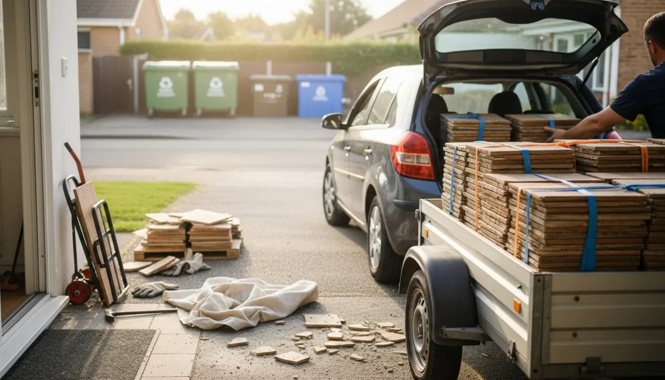 Gamle fliser læsses i bil og trailer foran en stueetage, klar til storskrald.