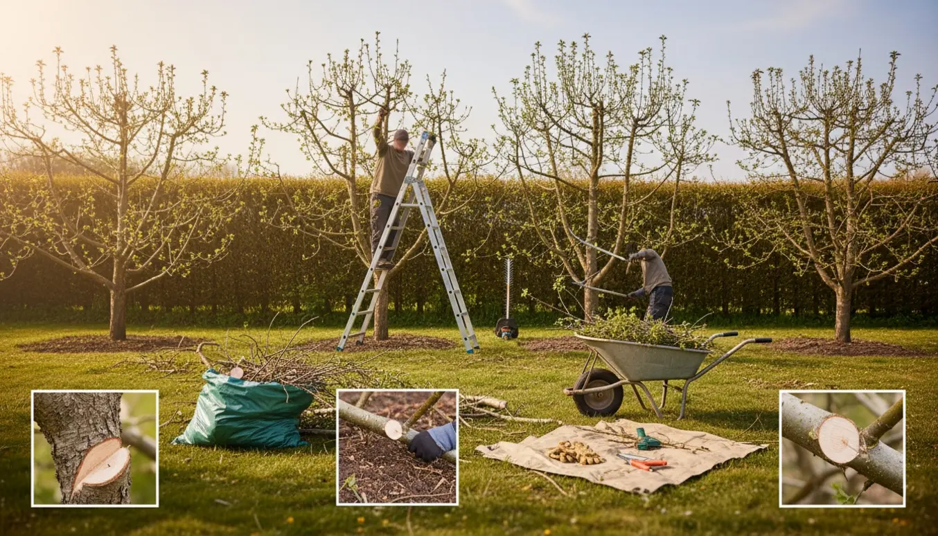 Gloved hænder beskærer sunde æble-, blomme- og kirsebærtræer med stige, lopper og samlet afklippet grene i trillebør.