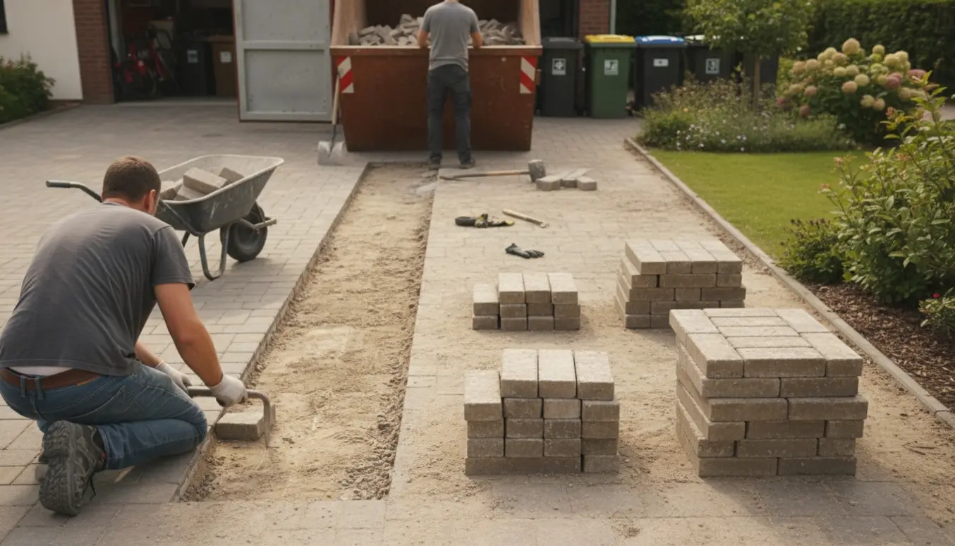 En person fjerner fliser fra en indkørsel og læsser dem i en container på en losseplads.