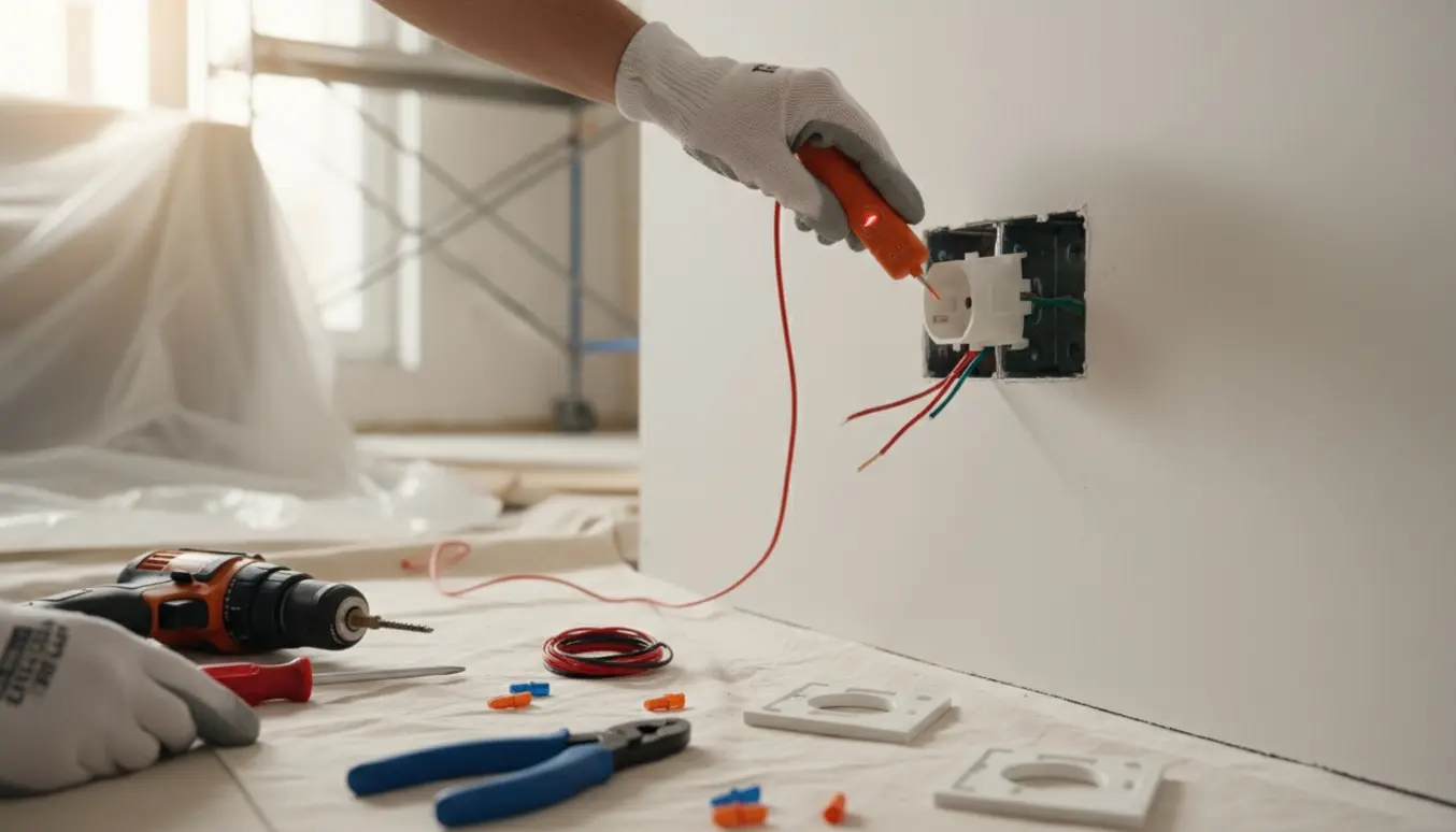Nærbillede af handskerede hænder, der tester og monterer en ny stikkontakt i en nymonteret gipsvæg.