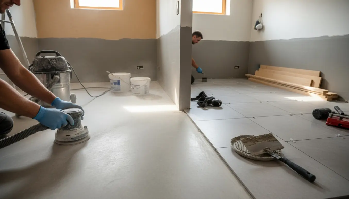 Ren kælder med gulvarbejde: slibning af malet beton, påføring af vandtæt radonmembran og delvist lagt 60×60 flisegulv.