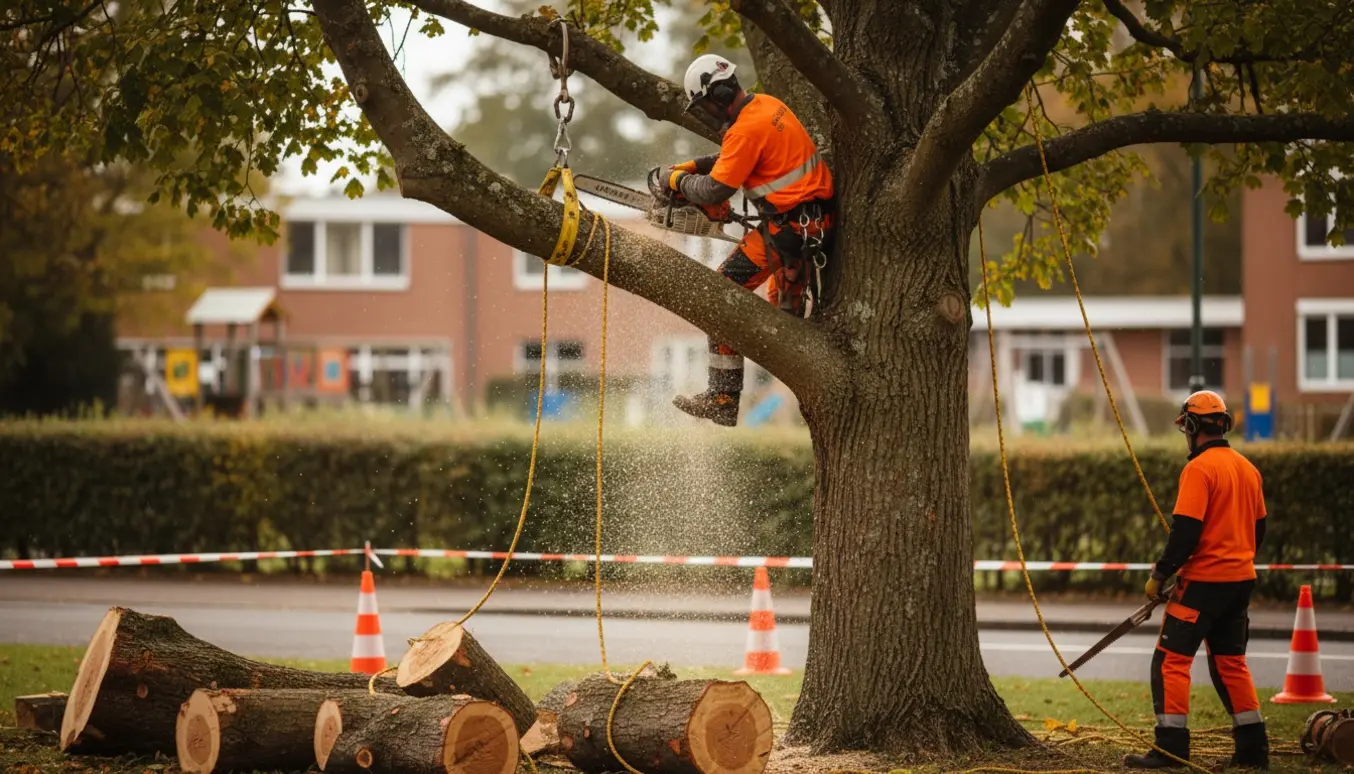 Arborist topskærer et stort ahorntræ ved en skolevej med afspærring og stakkede træstammer i haven.