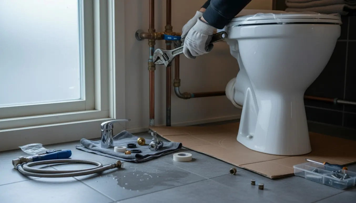 Håndværker spænder en vandventil i et badeværelse, med nyt armatur og toilet klar til montering.