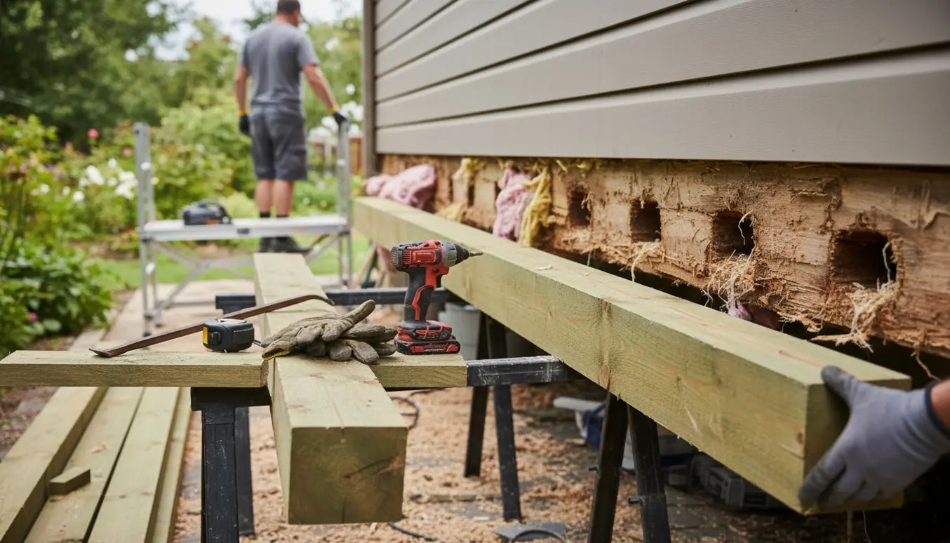 Udskiftning af rådne nederste bjælker på et træhus med nye bjælker, værktøj og huller ind til isoleringen.